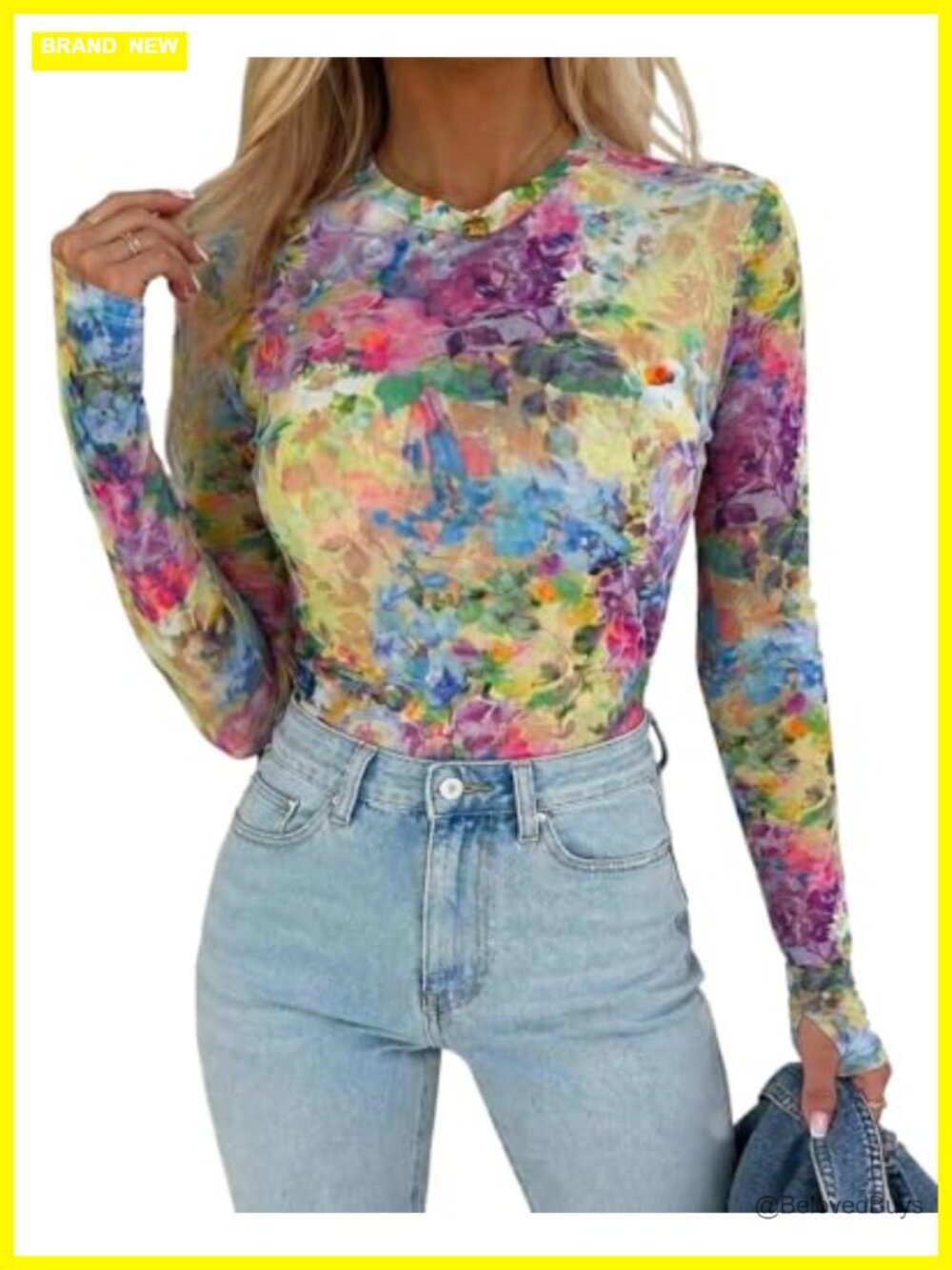 Women's Mesh Long Sleeve Top Sheer Thumbhole Blouse Going Out Shirt